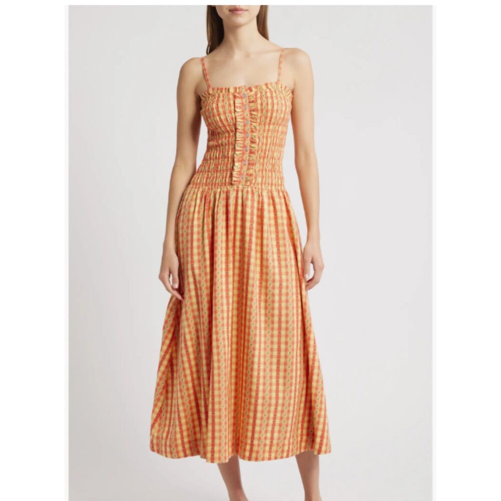 Damson Madder Grace Strappy Midi Dress Orange Margot Gingham Size 10 NWT